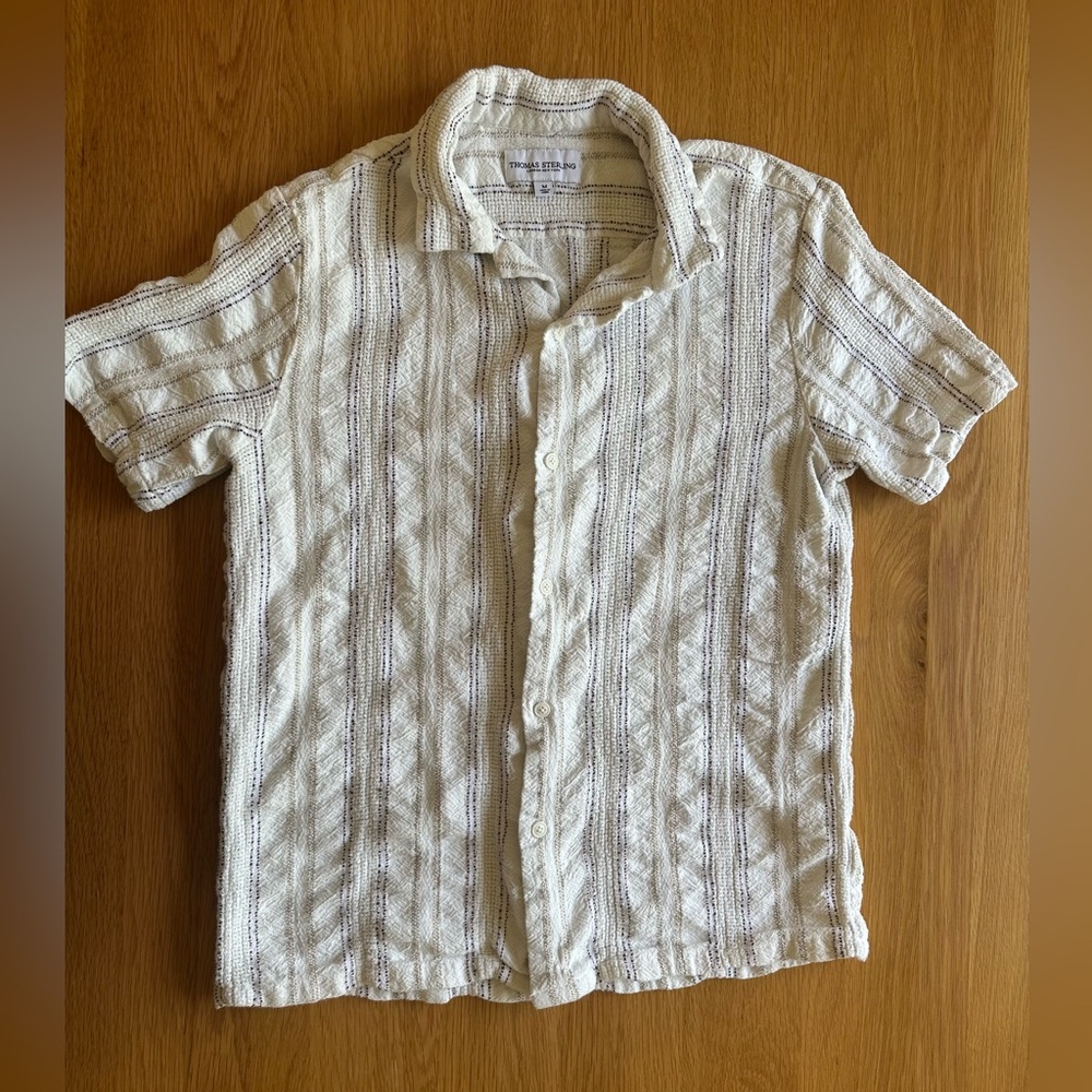Men's Short-Sleeve Button-Up Shirt - Ivory with Brown Stripes- Medium